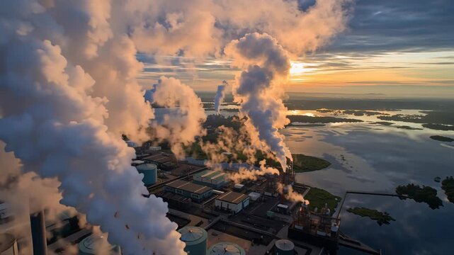 Aerial drone view of paper and pulp industry at dawn, chimneys with steam rising, reflecting industrial power and forestry-based economy