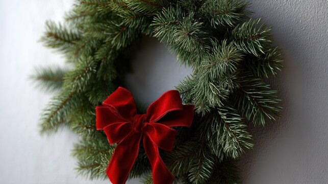 Close-up of a christmas wreath hanging on a white wall. the wreath is made up of a garland of green pine needles, with a large red ribbon tied in a bow at the center.