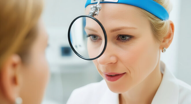 Female healthcare professional, wearing a headlamp, is examining a patient's eyes with a magnifying glass in a bright clinical environment, showcasing attentive medical care and expertise