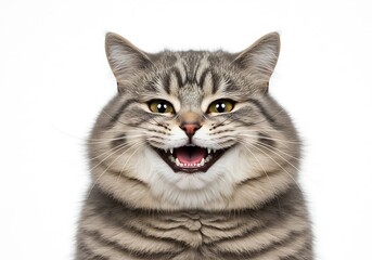 A close-up portrait of a fluffy grey tabby cat with a wide, happy grin and open mouth.
