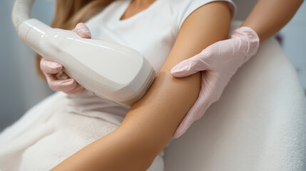 Female beauty therapist using advanced laser technology on a woman's arm in a modern salon, showcasing skin treatment process and professional care techniques