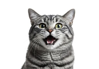 A close-up studio portrait of a surprised or excited tabby cat with its mouth open and eyes wide, looking directly at the viewer against a stark white background.