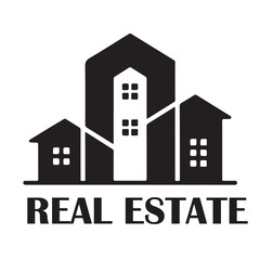 Black and white graphic logo representing real estate with buildings and text technology background