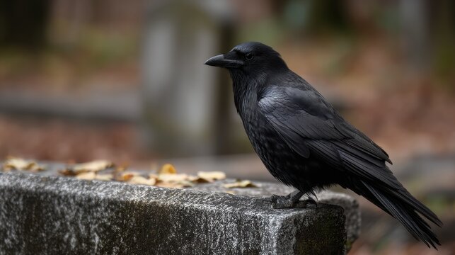 Close-up of a black crow perched on a concrete bench. the crow is facing towards the right side of the image, with its head turned slightly to the left. - Powered by Adobe