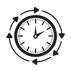 Black and white icon of a clock with arrows indicating continuous movement, isolated on white background technology background