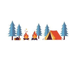 Obraz premium Cozy campsite scene with a bright orange tent crackling campfires and tall evergreen trees in a minimalist flat design style