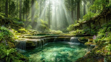 Obraz premium Sunlit Forest Waterfall Scene Lush Green Tranquil Nature
