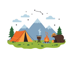 Charming illustration of a cozy campsite in the mountains with a tent campfire and friendly bear enjoying nature