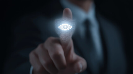 Businessman Touching Digital Eye Icon on Futuristic Security Shield Symbolizing Corporate Surveillance, Business Data Protection and Cybersecurity Strategy