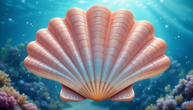 A large pink seashell rests on the ocean floor surrounded by coral reefs and bubbles