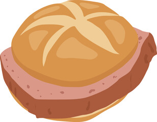 Vector illustration of traditional Bavarian Leberkäse sandwich in a bread roll. German street food, Oktoberfest snack, tasty meat loaf design for menus, stickers, prints, and culinary projects.