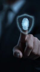 Businessman Using Digital Fingerprint Scan for Secure Access, Corporate Identity Verification and Business Data Protection in Modern Cybersecurity Strategy, Vertical