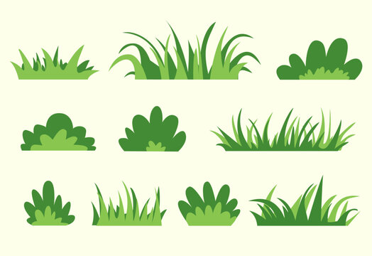 Collection of cartoon grass and bushes in flat style. Green nature elements for landscape design, games, backgrounds, stickers, and decorative projects. Vector isolated on light background.
