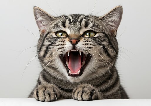A close-up portrait of an expressive gray tabby cat with its mouth wide open, showing sharp teeth and pink tongue. - Powered by Adobe