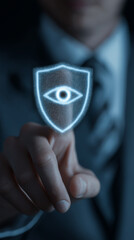 Businessman Touching Digital Eye Icon on Futuristic Security Shield Symbolizing Corporate Surveillance, Business Data Protection and Cybersecurity Strategy, Vertical