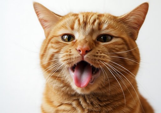 A close-up portrait of an expressive orange tabby cat with its mouth wide open and tongue sticking out against a plain white background. - Powered by Adobe