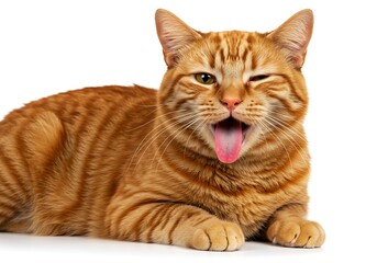 An orange tabby cat winking and sticking its tongue out playfully.