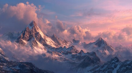 Majestic snow-capped peaks rise amidst a vibrant sunset sky,  draped in clouds