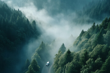 Lonely Truck on Forest Road from Above