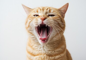 Obraz premium Close-up of an orange tabby cat yawning widely, showcasing its teeth against a white background.