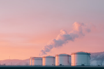 Oil Refinery at Sunset with Smoke Trails
