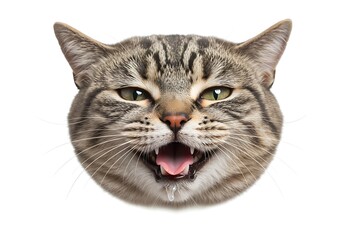 Fototapeta premium Close-up of a tabby cat's face with its mouth open, showing teeth and tongue, against a plain white background.