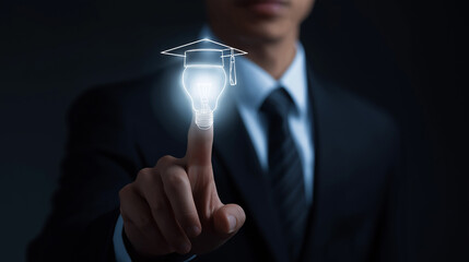 Businessman Touching Digital Lightbulb With Graduation Cap Symbolizing Career Growth, Professional Training and Corporate Education for Success