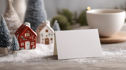 Christmas card mockup on top of a snow-dusted table with small ceramic Christmas houses
