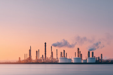 Oil Refinery at Sunset with Smoke Trails