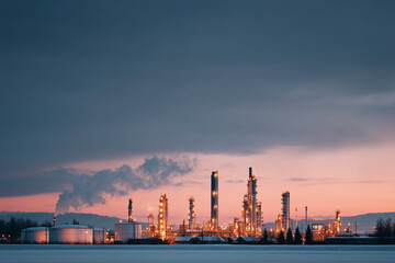Oil Refinery at Sunset with Smoke Trails