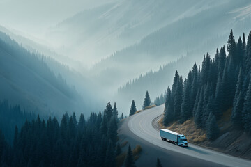 Lonely Truck on Forest Road from Above