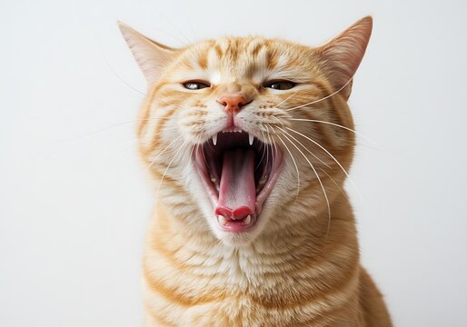 Close-up of an orange tabby cat yawning widely, showcasing its teeth against a white background.