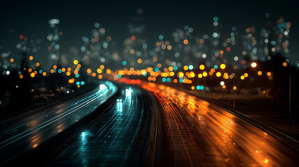 Night highway traffic with long exposure light trails. Cinematic urban transportation background