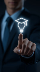 Businessman Touching Digital Lightbulb With Graduation Cap Symbolizing Career Growth, Professional Training and Corporate Education for Success, Vertical