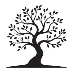 Black silhouette of a stylized tree with leaves, isolated on white background technology background