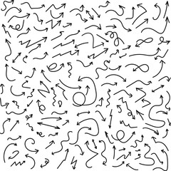 Collection of hand drawn doodle arrows. Curved, wavy, zigzag and looped sketch arrows for infographics, design, highlights, presentations, and creative projects. Vector illustration isolated on white.