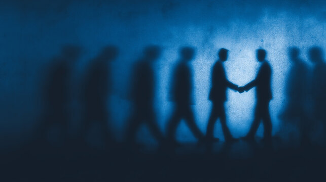 Business partnership concept. Silhouettes of two businessmen shaking hands in a crowd with blue dramatic lighting