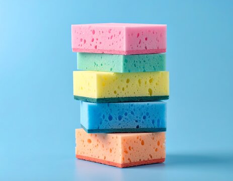 Stack of colorful sponges against a blue background