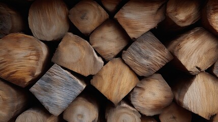 Close-up of a pile of wooden logs. the logs are arranged in a grid-like pattern, with each log having a unique shape and texture.