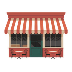 Charming red and white striped awning over a cafe storefront with outdoor seating and a green door technology background