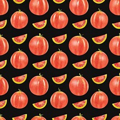 Seamless pattern with ripe peaches and citrus slices on black background, featuring fresh fruit illustration in vibrant coral and yellow colors