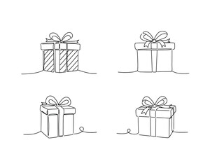 Four hand drawn sketch style gift boxes tied with ribbons and bows isolated on a white background