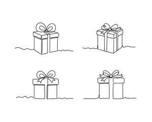 Four hand drawn sketch style gift boxes with ribbons and bows on a white background minimalist design