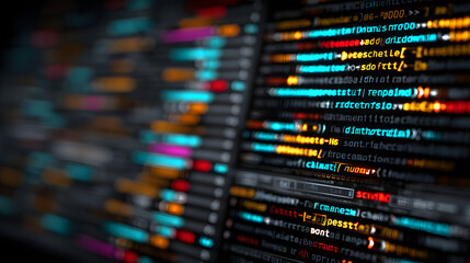 Naklejka premium Code on a computer screen displaying programming logic and syntax in a colorful interface at night
