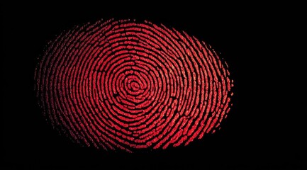 A vivid red fingerprint impression,  crisp and circular, against a dark background