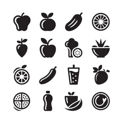 Collection of black fruit and vegetable icons isolated on white background technology background