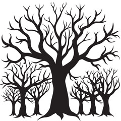 Silhouette of bare trees in a spooky forest