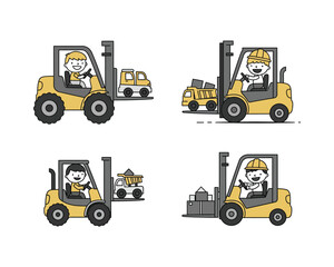 Four cartoon illustrations of happy construction workers operating yellow forklifts to move various loads in a warehouse or construction site setting