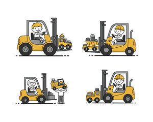 Cartoon illustration of four different forklift trucks with happy drivers wearing hard hats in various poses and actions on a white background