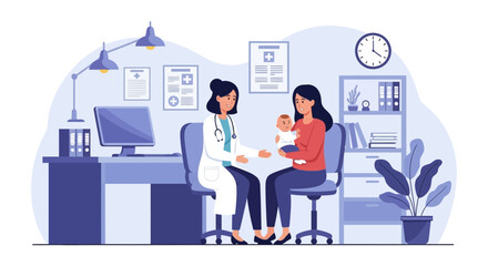 Doctor Consulting a Mother Holding Her Baby During a Pediatric Checkup in a Modern Medical Clinic Examination Room